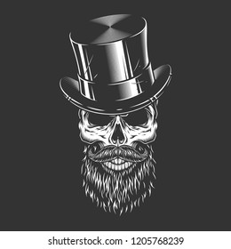 Male skull in gentleman cylinder hat in vintage monochrome style isolated vector illustration