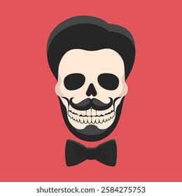 Male skull with haircut, mustache and beard wearing tie bow. Hipster gentleman skull icon emblem logo. Vector illustration