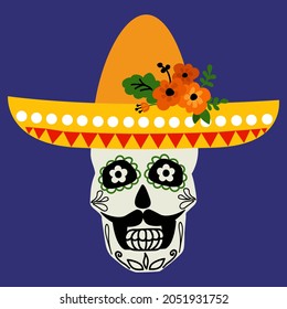 Male skull with a hat. Dia De Los Muertos. Vector illustration.