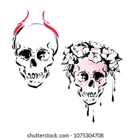 Male Skull with red devil horns and female romantic skull with flowers vector illustration drawn in black ink sketch style. Graphic design for fashion cards, banners, tattoo icon, gothic print poster.