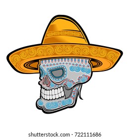 Male skull side view with mexican hat and pattern on face symbol of Dia de Muertos holiday. Color illustration isolated on white