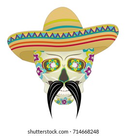 A male skull in a sombrero hat with a Mexican black mustache for the celebration of the day of the dead. Burning eyes. Calavera. Vector illustration, isolated on white background.
