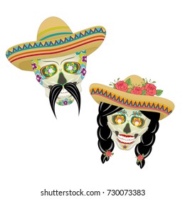 Male skull in sombrero hat with a Mexican black mustache and female skull with black hair gathered in braids to celebrate the day of the dead. Burning eyes. Calavera. Vector illustration, isolated