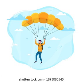 Male skydiver flying with a parachute. Concept of parachuting sport and leisure activity. Extreme lifestyle. Flat cartoon vector illustration