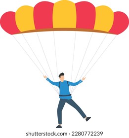 Male skydiver with parachute, Male skydiver landing with parachute illustration. Extreme sportsman enjoying parachuting illustration, dangerous hobby concept
