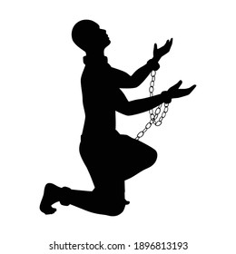 Male slave with chain silhouette vector on white background, 