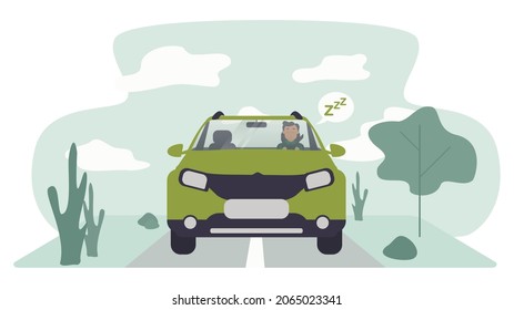 Male sleepy driver on the road in green car flat cartoonist illustration style