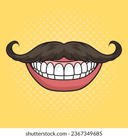 Sonrisa masculina con boca de bigote pinchando ilustración de vector retro de arte pop. La imitación al estilo de un libro de historietas.