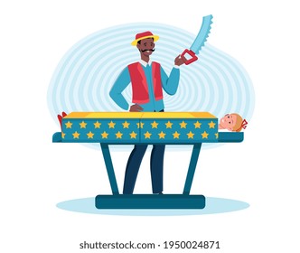 Male smiling magician with a saw preparing to saw a box with woman inside. Man doing a magical trick on a random spectator from audience. Excited girl in magician box. Flat cartoon vector illustration