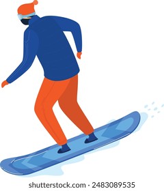 Male snowboarder gliding downhill, winter sport activity, wearing blue jacket red pants. Young adult enjoying snowboarding, sporty outfit, cool pose, isolated white background. Athletic person