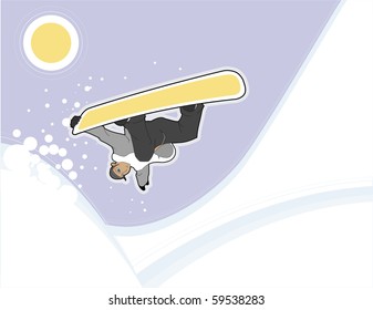 Male snowboarder mid-jump, over abstract background.