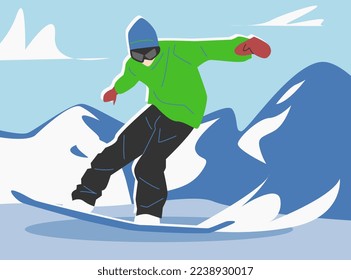 male snowboarder playing snowboard in winter. outdoor, snow. winter theme, sport, hobby, activity. snowy mountain background. vector flat illustration.