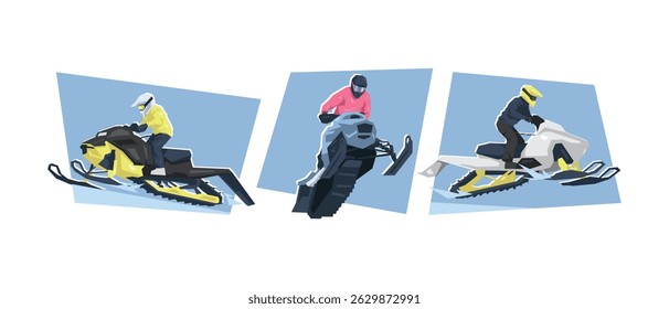 Male snowmobile rider characters. Winter sport, racing, vehicle. Flat vector illustration.