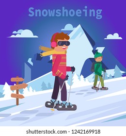 Male And Snowshoes, Flat Vector Illustration