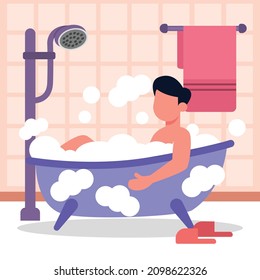 
Male soaking in a bath, as a form of routine body care. Vector colorful illustration. Bath Activity.