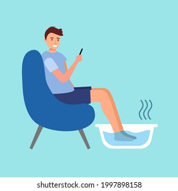 Male soaking feet in bowl filled with warm water at home or spa in flat design. Warming feet for relaxation concept vector illustration. Foot bath.