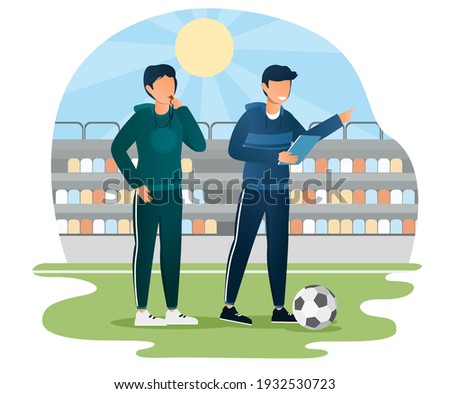 Male soccer coach pointing finger giving instructions to players with his assistant. Man in uniform is standing on the field holding paperclip notes. Flat cartoon vector illustration