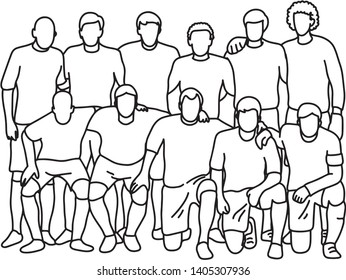 Male Soccer Football Team Taking Photo Vector Illustration Sketch Doodle Hand Drawn With Black Lines Isolated On White Background