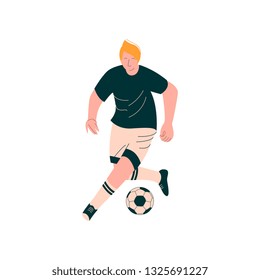 Male Soccer Player, Male Footballer Character in Sports Uniform Running with Ball Vector Illustration