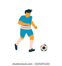 Male Soccer Player, Footballer Character in Blue Sports Uniform Vector Illustration