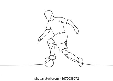 A male soccer player in full growth runs with the ball. Black outline drawing of a soccer player on a white background. One continuous line art of a man in sports uniform