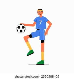 Male soccer player holding ball in flat vector illustration symbolizing athletic performance, confidence, and sportsmanship, isolated on white background.