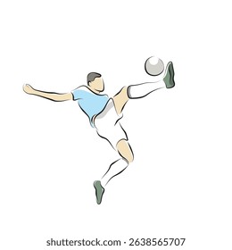 male soccer player jumping to shoot ball illustration vector hand drawn with black lines isolated on white background.