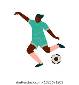 Male Soccer Player Kicking Ball, African American Male Footballer Character in Green Sports Uniform Vector Illustration
