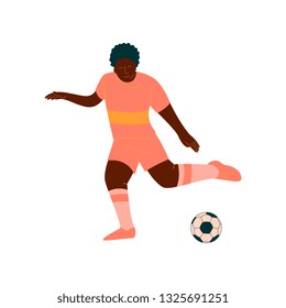 Male Soccer Player Kicking Ball, African American Male Footballer Character in Orange Sports Uniform Vector Illustration
