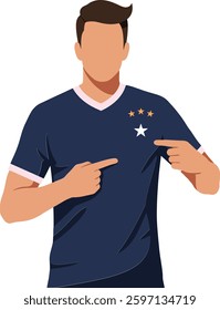 A male soccer player in a navy jersey points confidently at a star emblem on his shirt, conveying pride and team spirit in a minimalistic setting.