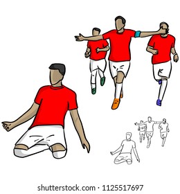 male soccer player in red jersey shirt celebrating a goal with his team vector illustration sketch doodle hand drawn with black lines isolated on white background