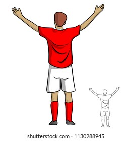 male soccer player in red jersey shirt spread the arms out vector illustration sketch doodle hand drawn with black lines isolated on white background