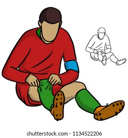 male soccer player in red jersey shirt pulling socks up vector illustration sketch doodle hand drawn with black lines isolated on white background