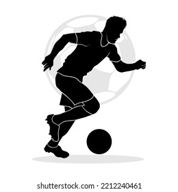 Male soccer player running and dribbling a ball. Vector silhouette illustration