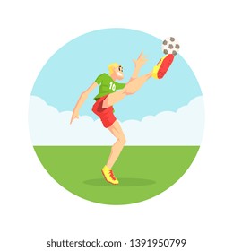 Male Soccer Player in Sports Uniform Kicking Ball on Soccer Field Vector Illustration