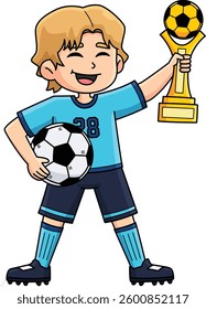 Male Soccer Player with Trophy Cartoon Clipart 
