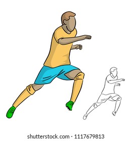 male soccer player with yellow jersey running vector illustration sketch doodle hand drawn with black lines isolated on white background