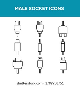 Male socket icon set, illustration of cable and device plug symbol. vector illustration