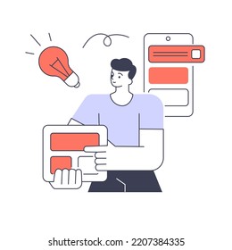 Male software developer digital designer having innovation idea cyberspace technology project smartphone application vector flat illustration. Creative man web presentation information platform