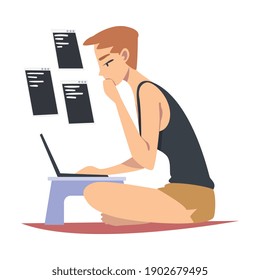 Male as Software Developer or Programmer Engaged in Coding in Server-side Framework on Laptop Vector Illustration