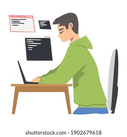 Male as Software Developer or Programmer Engaged in Coding in Server-side Framework on Laptop Vector Illustration