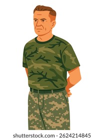 Male soldier in a camouflage military uniform standing with a serious expression and hands behind his back. Ideal for topics related to army personnel, military service, veterans, and national defense