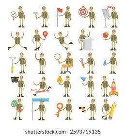 male soldier characters in different poses illustration set