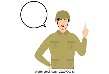 El soldado macho presiona, hablando señalando