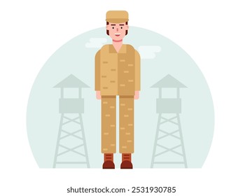 A male soldier stands tall in his uniform at the barracks. Character design. Flat vector illustration