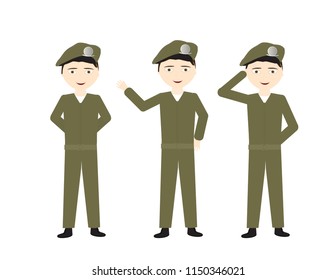 Male soldiers with green uniform and different poses - Stand, Hello, Salute