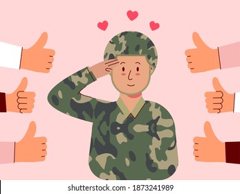 Male soldiers salute and feel good to be appreciated. Illustration about appreciated.