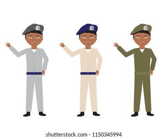 Male soldiers in Various uniform colors waving hello