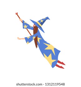 Male Sorcerer Conjuring, Bearded Wizard Character Wearing Blue Mantle with Stars and Pointed Hat Practicing Wizardry Vector Illustration