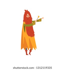 Male Sorcerer Conjuring with Magic Wand, Redhead Bearded Wizard Character Vector Illustration